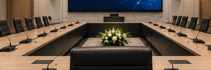 ห้องประชุมโต๊ะรูปตัวยูพร้อมไมโครโฟนประชุมประจำทุกที่นั่ง